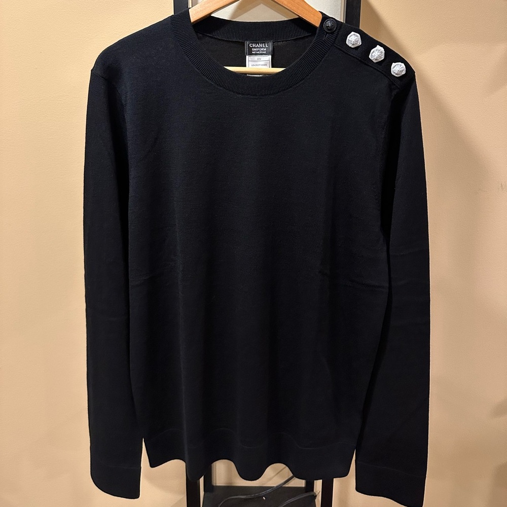 Chanel Black Wool Cotton Lion CC Logo Button Uniform Sweater